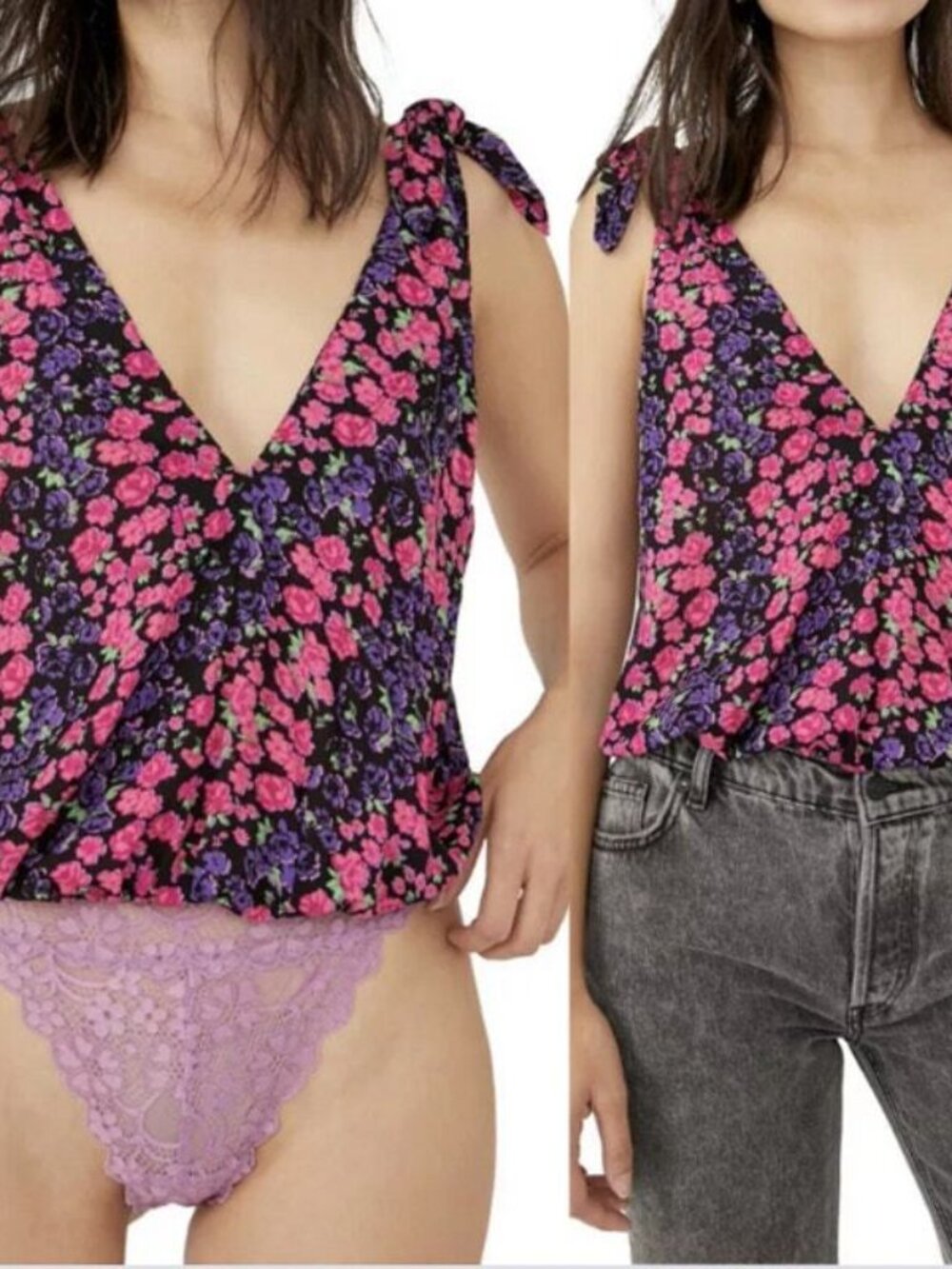 Intimately Free People Bare it All Bodysuit Black Pink Purple Floral sz M